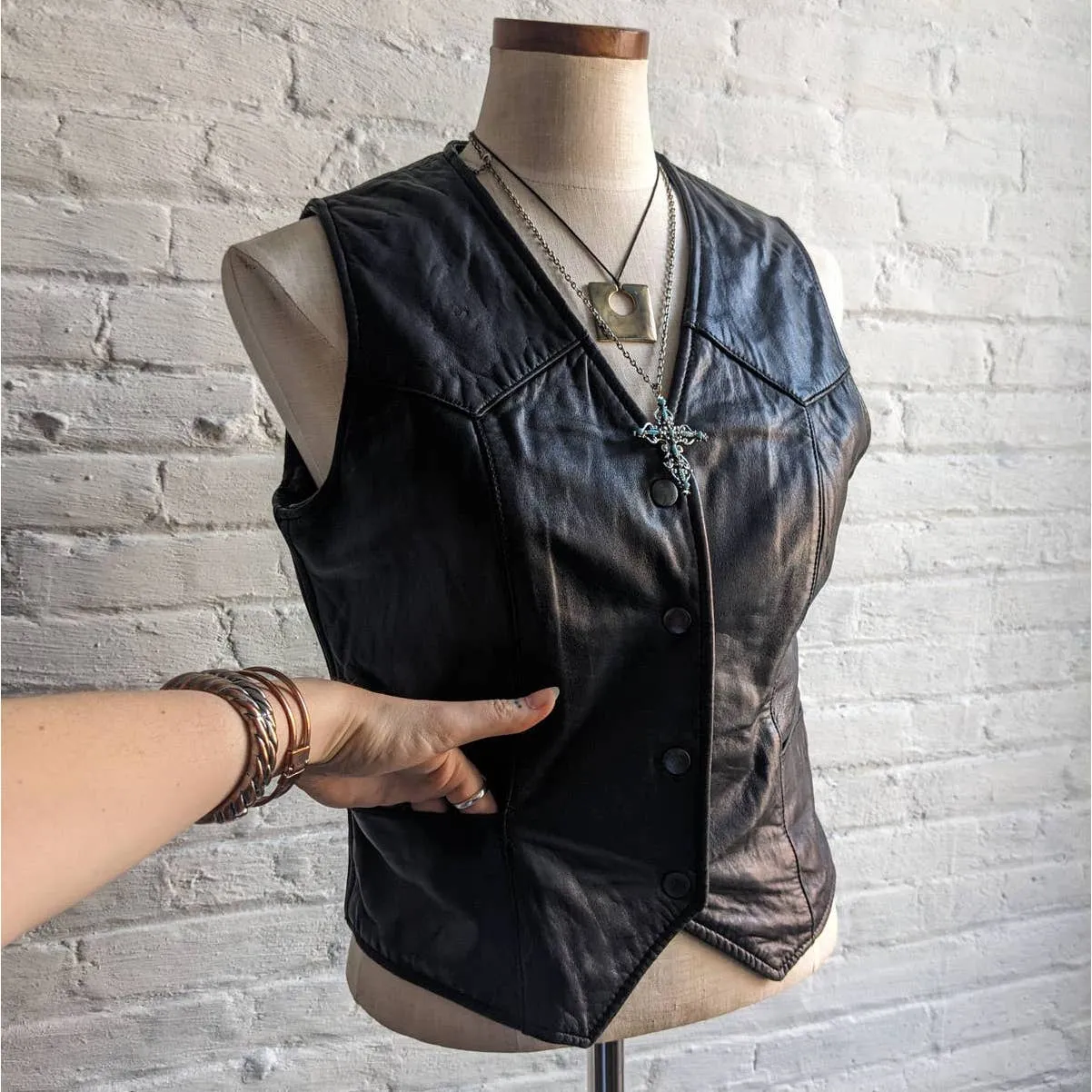 Vintage Black Genuine Leather Biker Vest Grunge Goth Moto Western Motorcycle Top