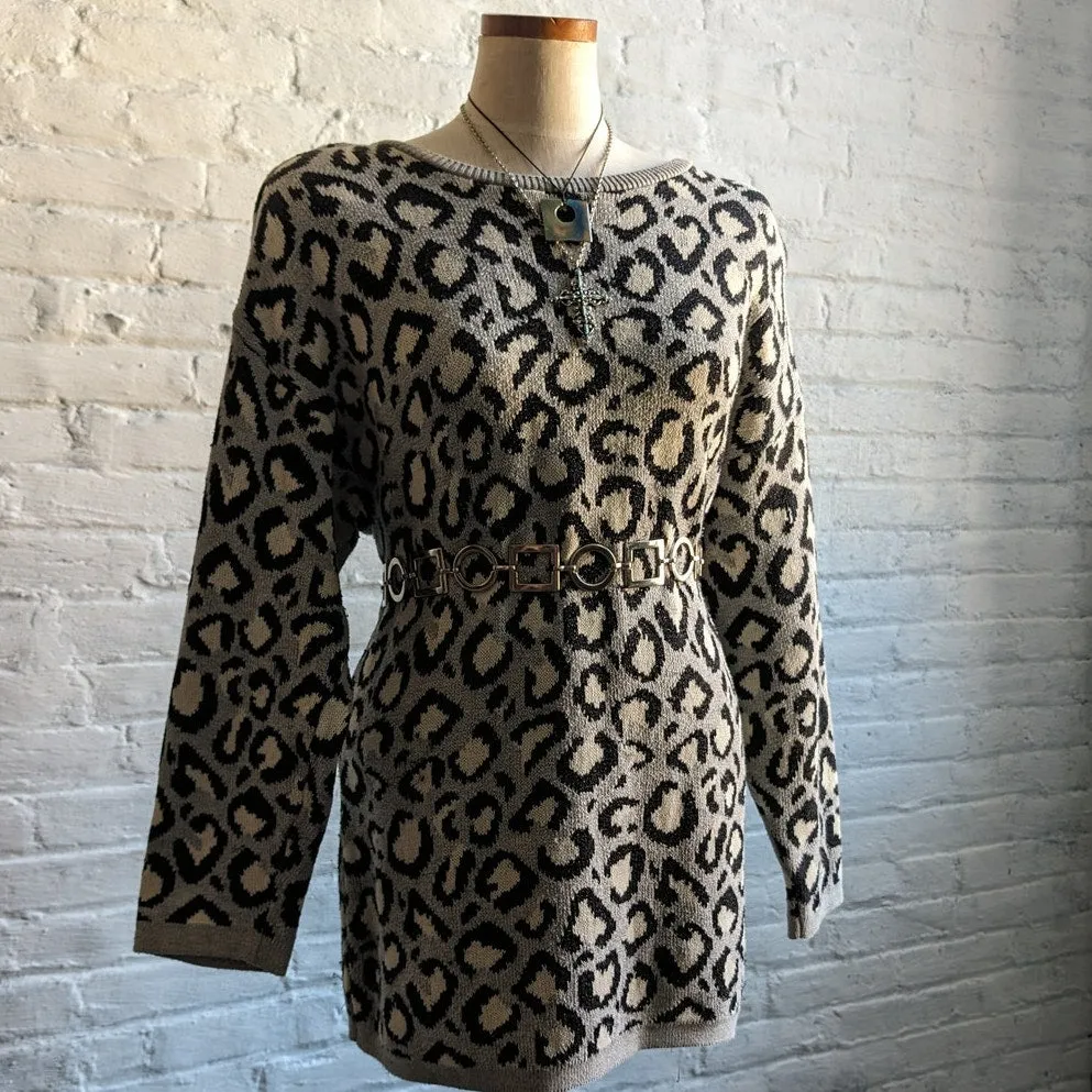 Vintage Chunky Knit Leopard Sweater Dress Grunge Cheetah Print Sexy Oversize Top