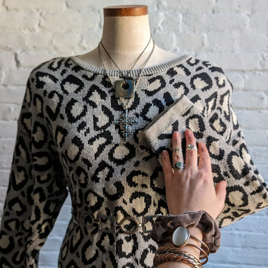 Vintage Chunky Knit Leopard Sweater Dress Grunge Cheetah Print Sexy Oversize Top