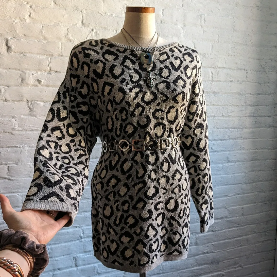 Vintage Chunky Knit Leopard Sweater Dress Grunge Cheetah Print Sexy Oversize Top