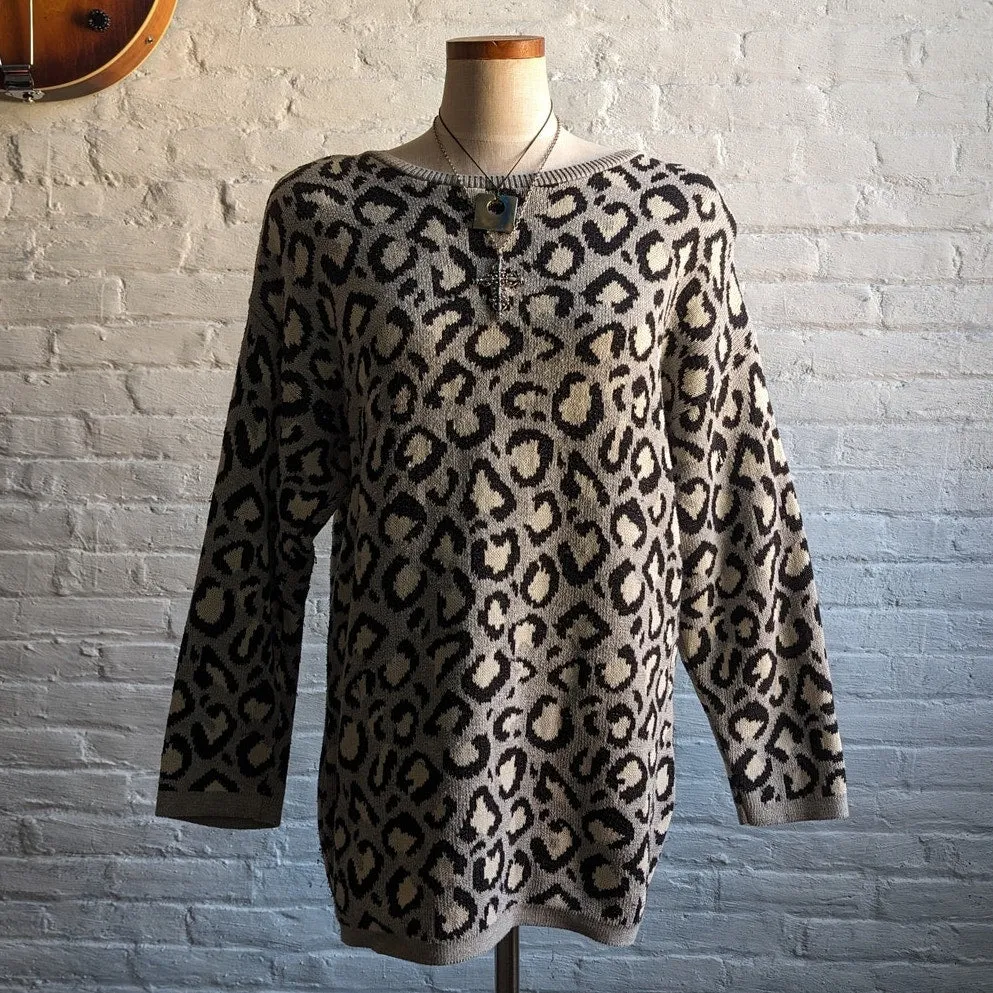 Vintage Chunky Knit Leopard Sweater Dress Grunge Cheetah Print Sexy Oversize Top