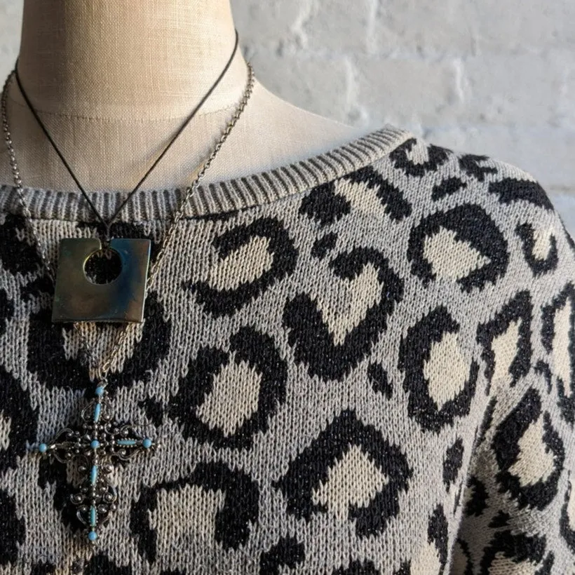 Vintage Chunky Knit Leopard Sweater Dress Grunge Cheetah Print Sexy Oversize Top