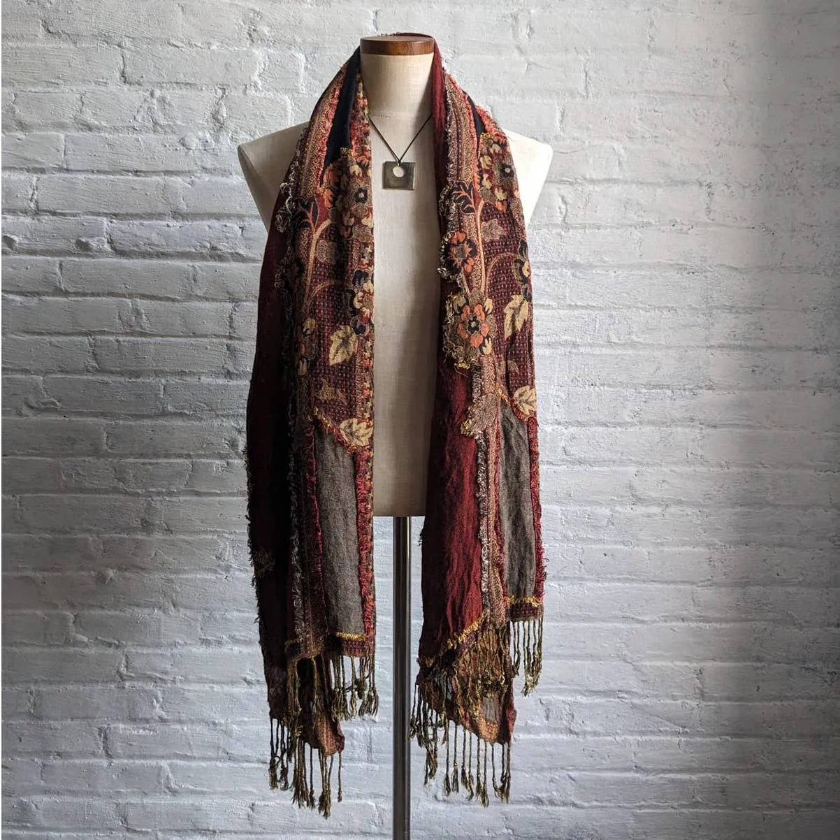 Vintage Floral Fringe 70s style Dark Boho Scarf Rust Red Fall Grunge Fairy Wrap