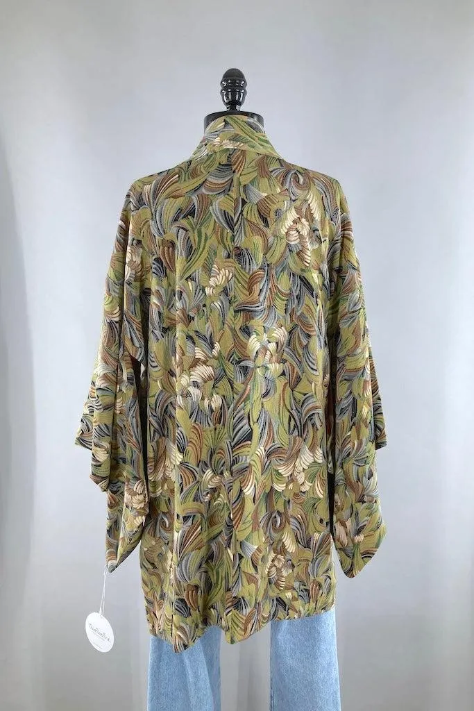 Vintage Green Leaves Silk Kimono Cardigan