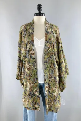 Vintage Green Leaves Silk Kimono Cardigan