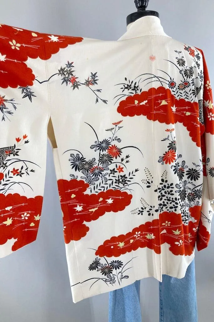 Vintage Ivory & Red Silk Kimono Cardigan