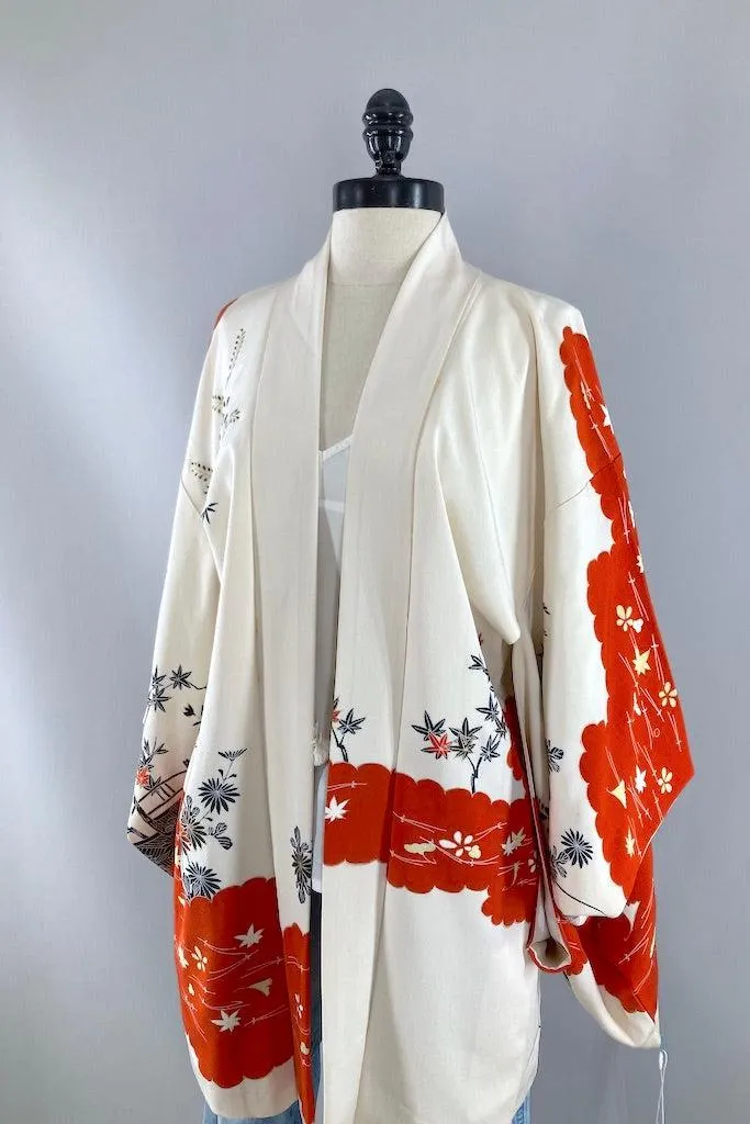 Vintage Ivory & Red Silk Kimono Cardigan