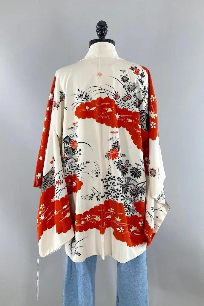 Vintage Ivory & Red Silk Kimono Cardigan