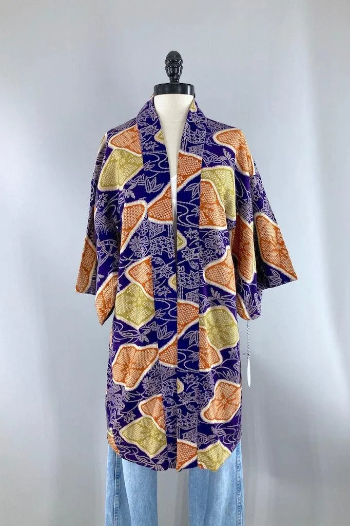 Vintage Purple Shibori Print Kimono Cardigan