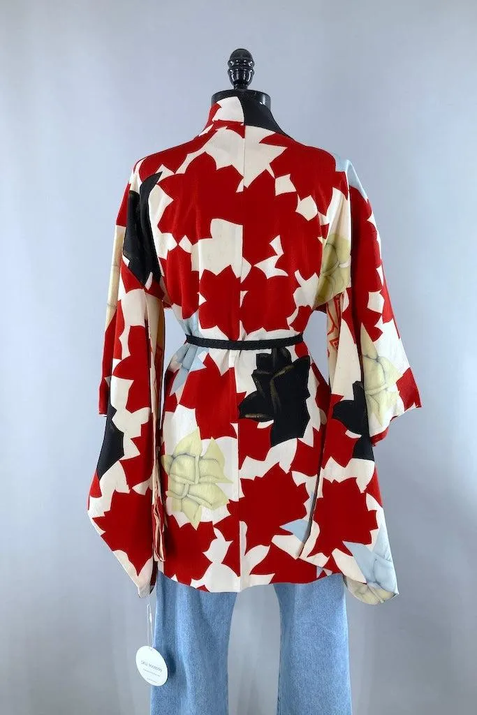 Vintage Red Roses Silk Kimono Cardigan