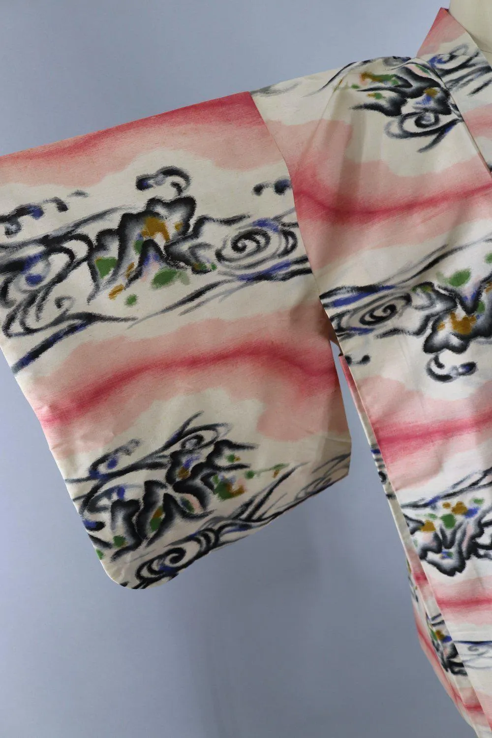 Vintage Silk Kimono Cardigan / Ikat Pink Waves