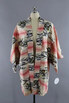 Vintage Silk Kimono Cardigan / Ikat Pink Waves