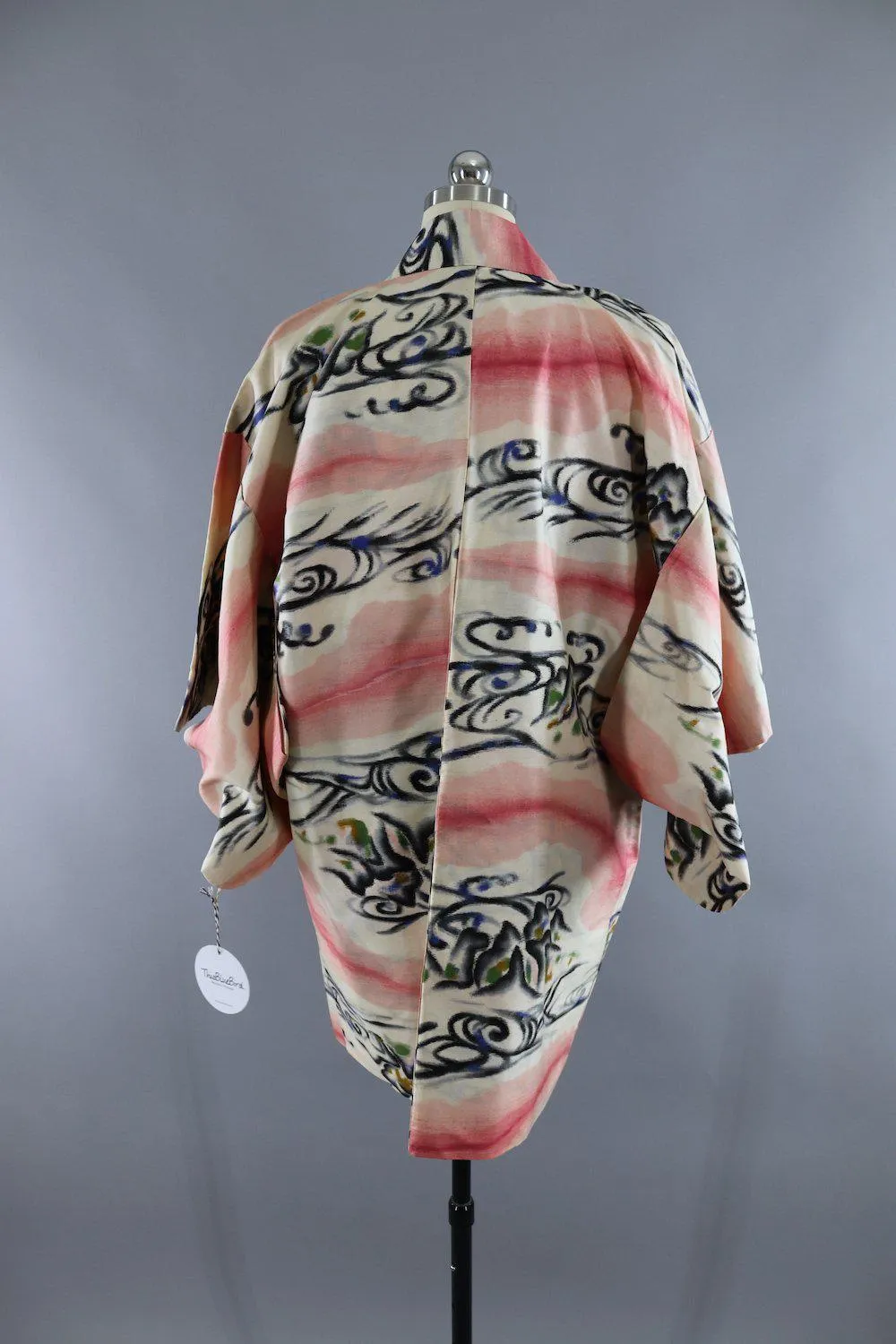 Vintage Silk Kimono Cardigan / Ikat Pink Waves