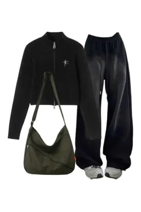 Wenkouban-Christmas outfits new years eve outfits Y2k Ribbed Zip-Up Turtleneck Sweater Baggy Y2K Grunge Sweatpants Cotton Large Capacity Shoulder Bag