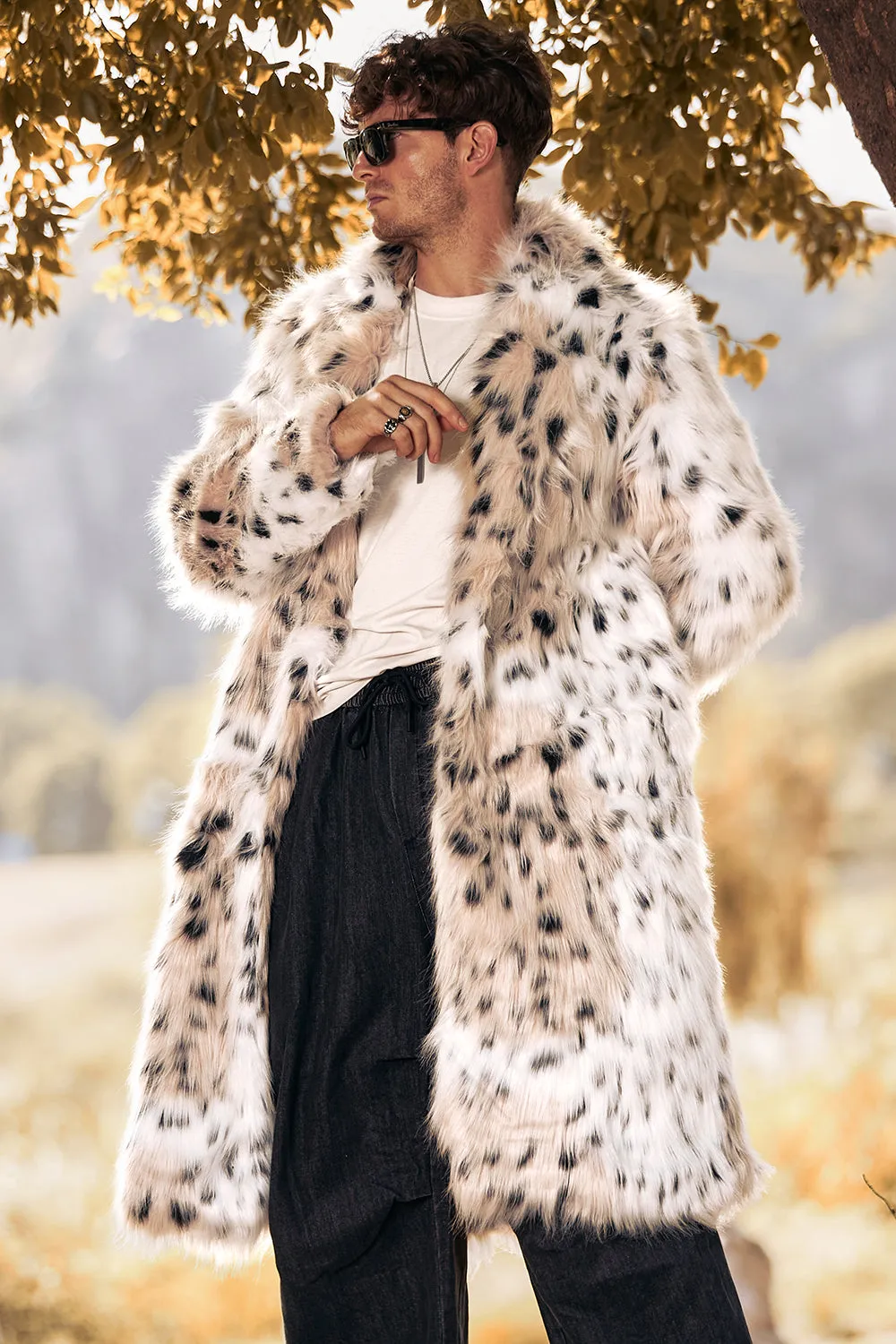 White Mid-Length Long Sleeve Faux Fur Printed Leopard Men's Coat