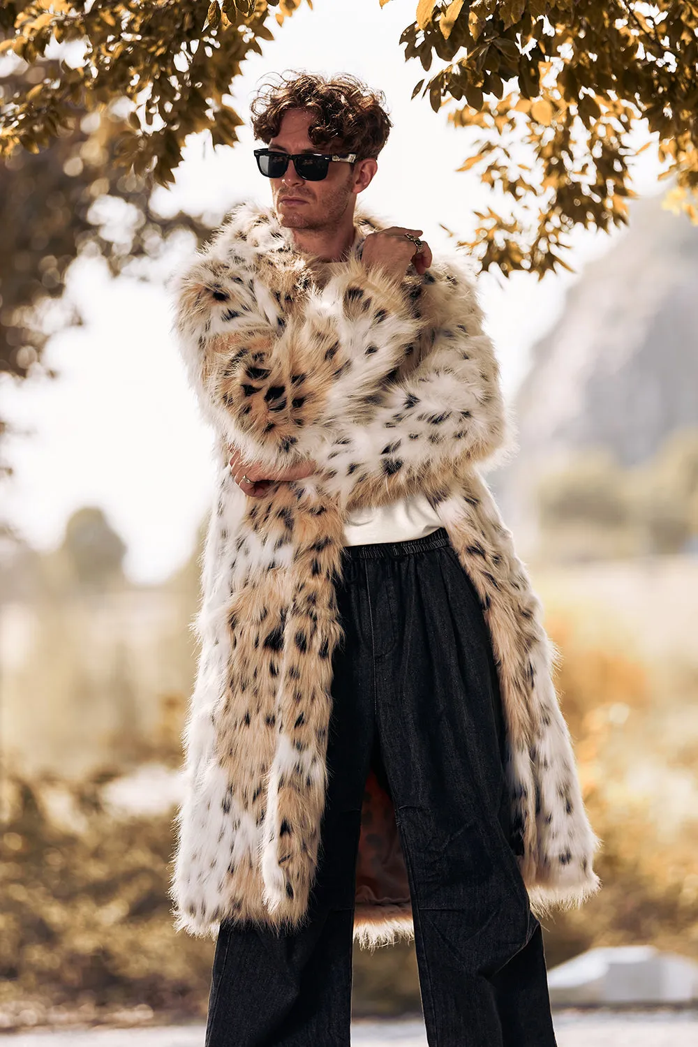 White Mid-Length Long Sleeve Faux Fur Printed Leopard Men's Coat