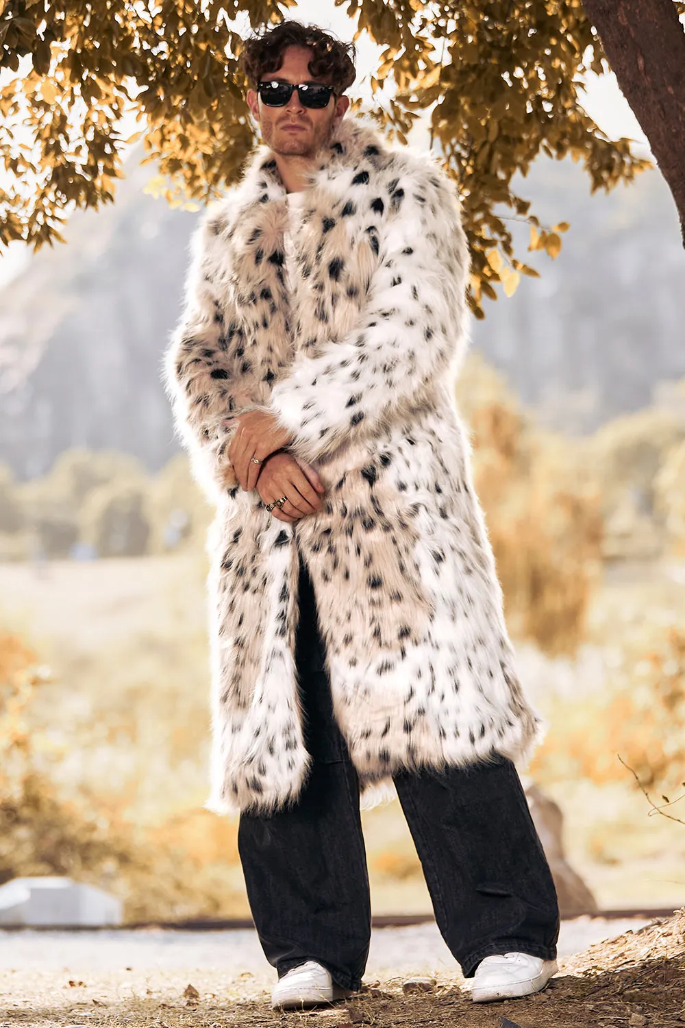 White Mid-Length Long Sleeve Faux Fur Printed Leopard Men's Coat