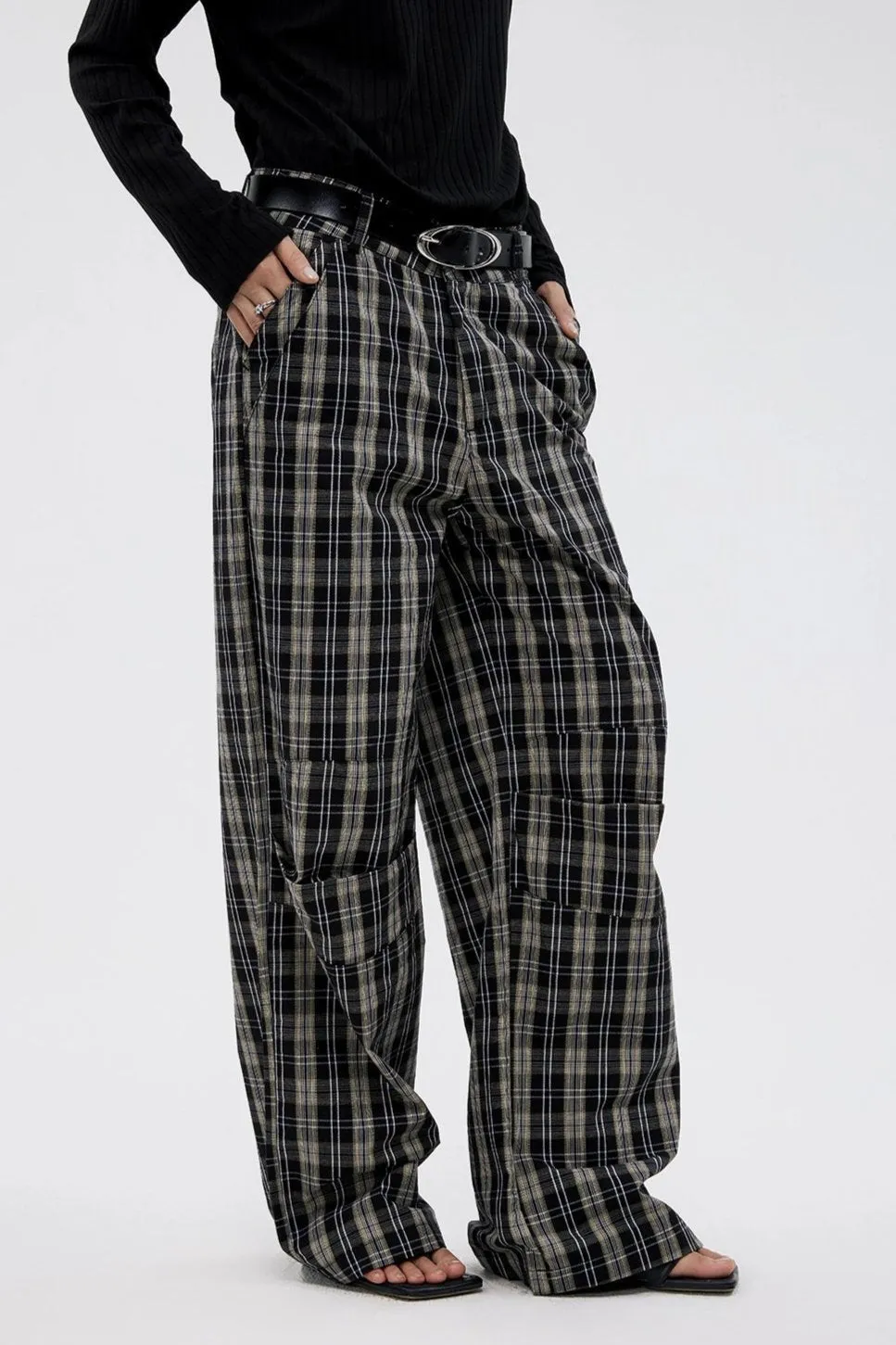 Wide Leg Pleated Plaid Trousers