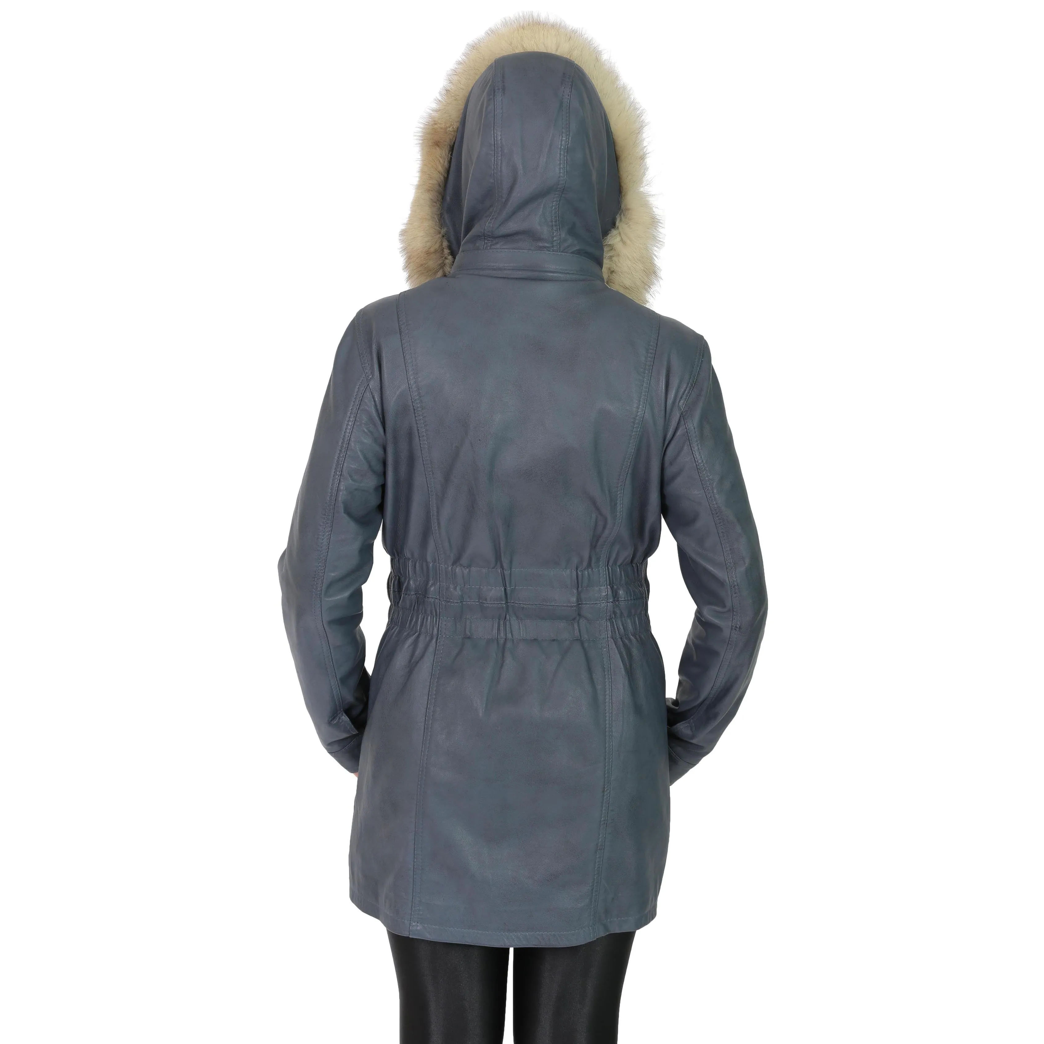 Womens Duffle Leather Coat Detachable Hood 3/4 Long Parka Jacket Mila Sky Blue