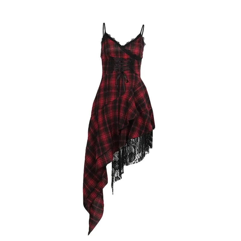 Women's Grunge Irregular Lace-up Plaid Party Slip Dress