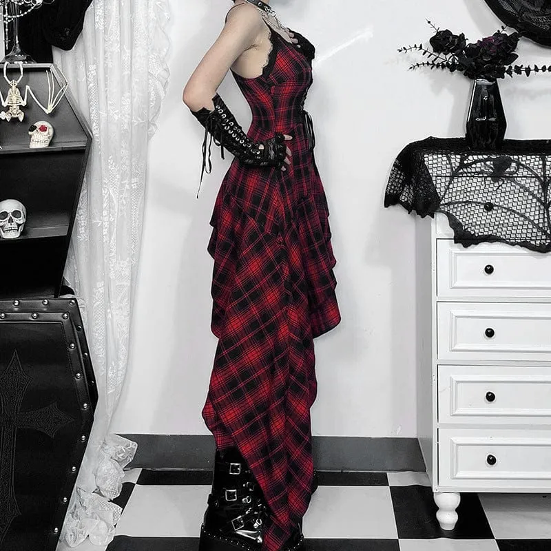 Women's Grunge Irregular Lace-up Plaid Party Slip Dress