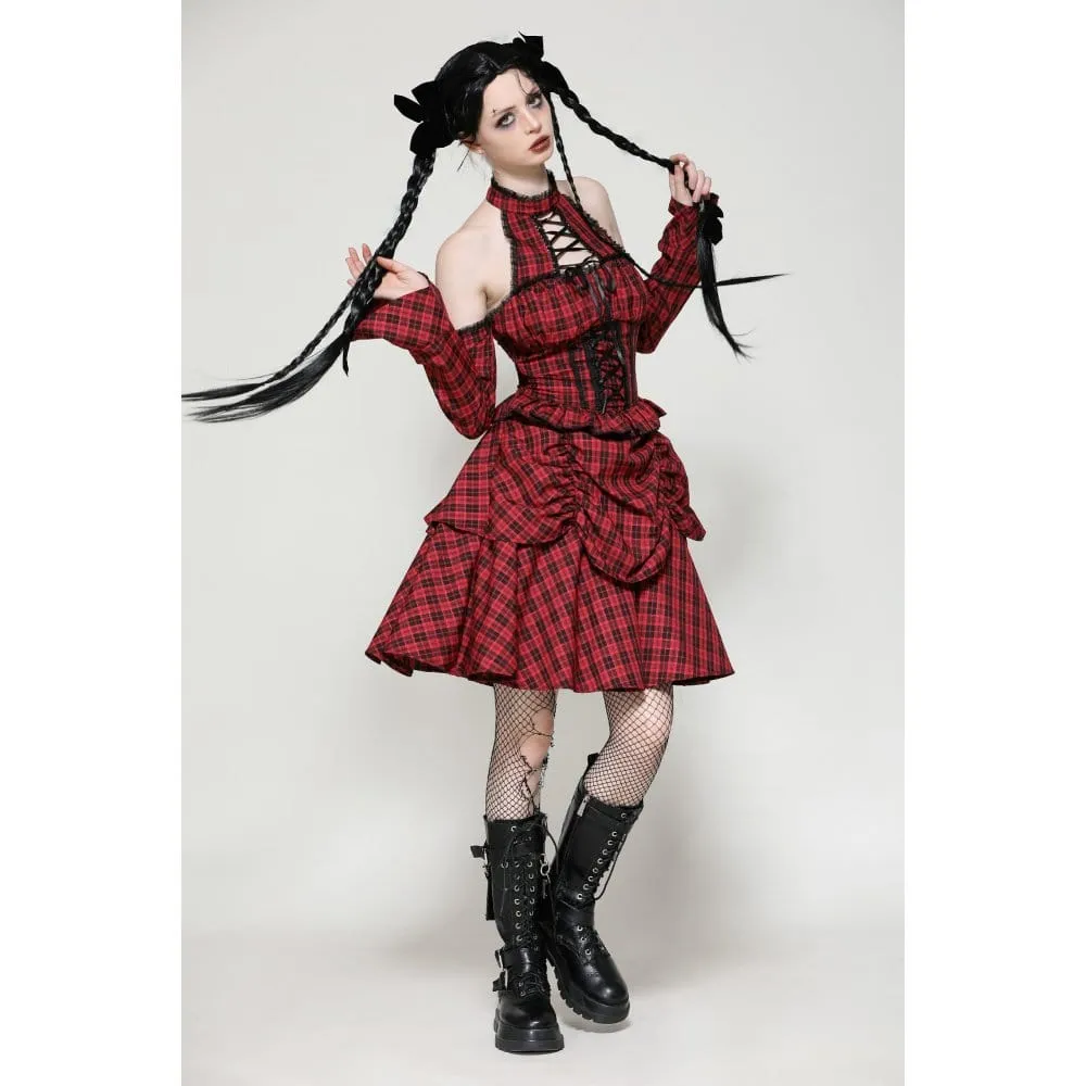 Women's Grunge Lace-up Plaid Dress with Gloves Red