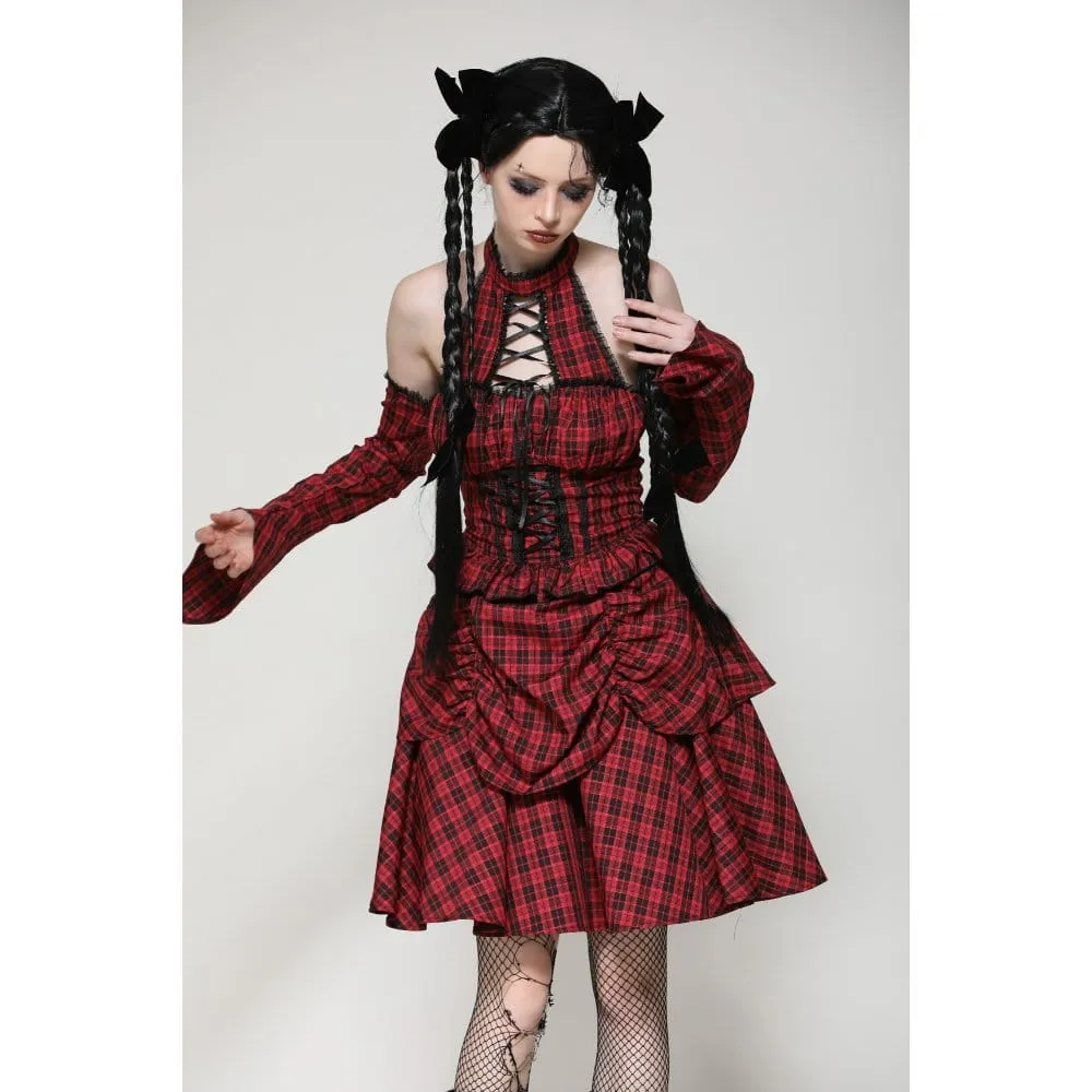 Women's Grunge Lace-up Plaid Dress with Gloves Red