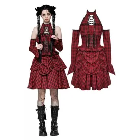 Women's Grunge Lace-up Plaid Dress with Gloves Red