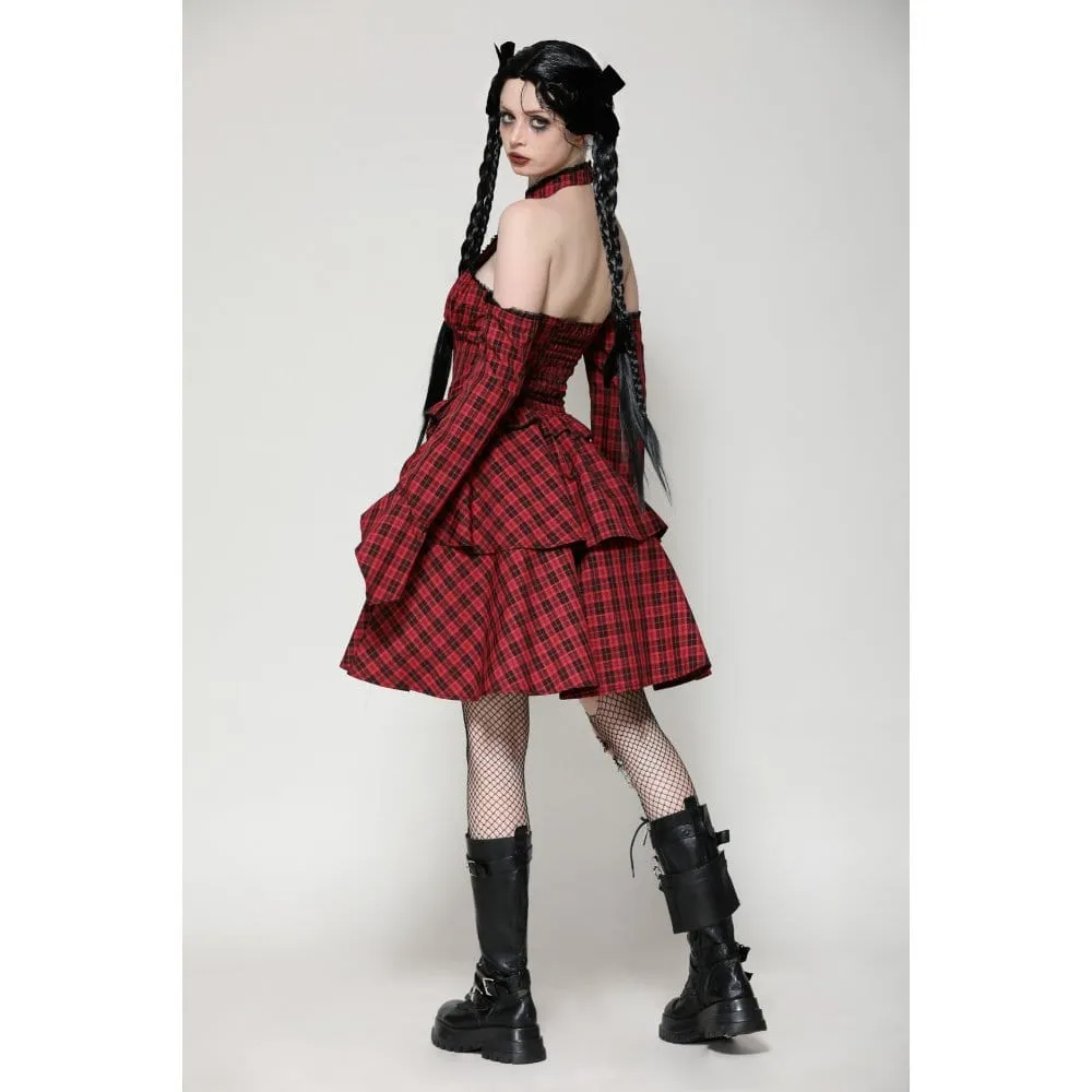 Women's Grunge Lace-up Plaid Dress with Gloves Red