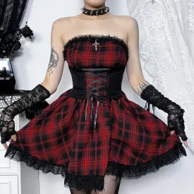 Women's Grunge Off-Shoulder Lace Splice Plaid Dress