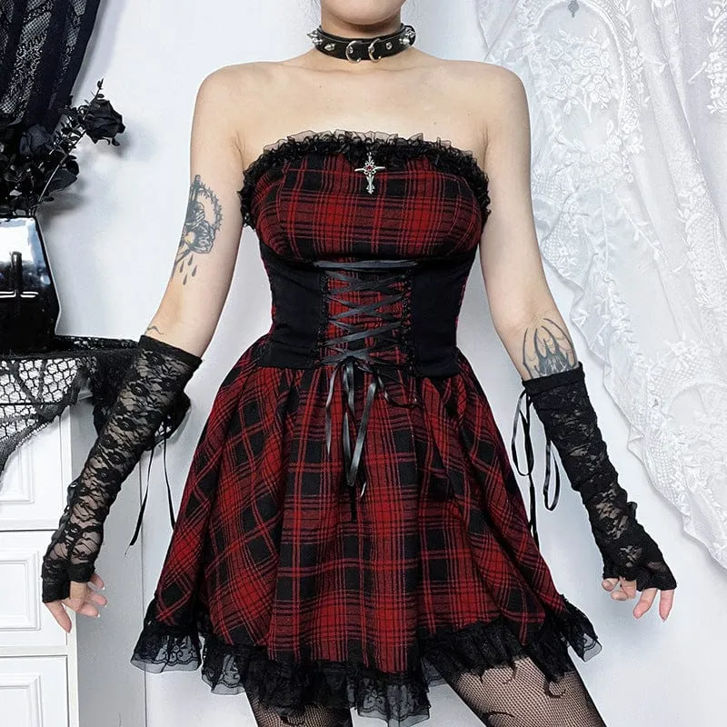 Women's Grunge Off-Shoulder Lace Splice Plaid Dress