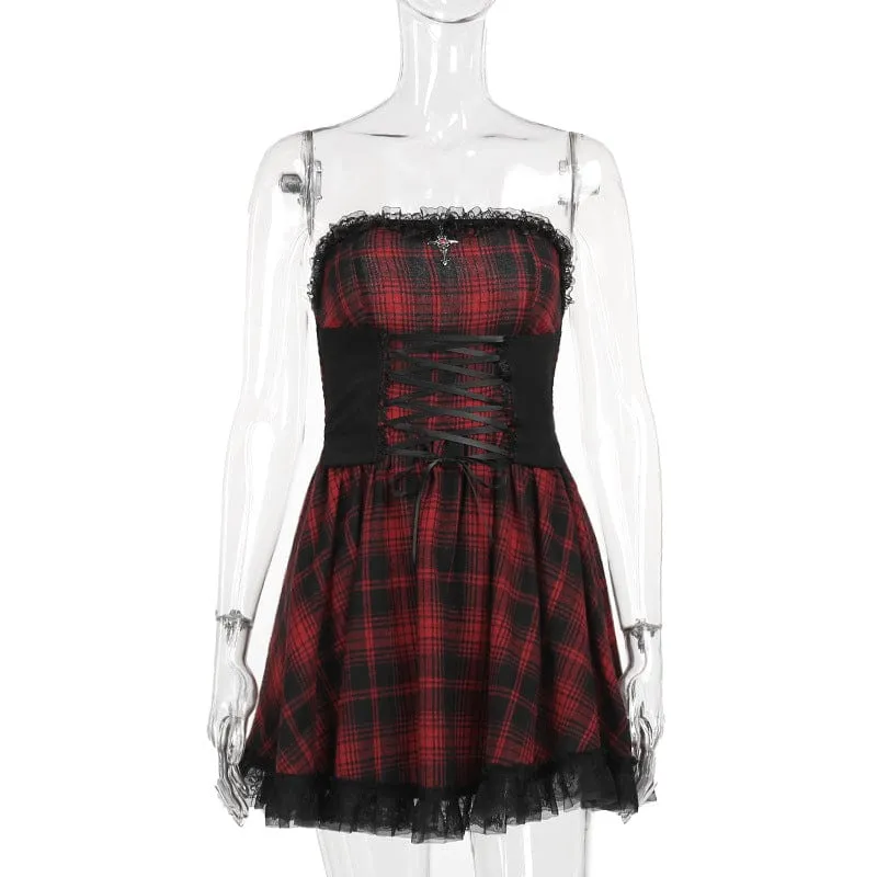 Women's Grunge Off-Shoulder Lace Splice Plaid Dress