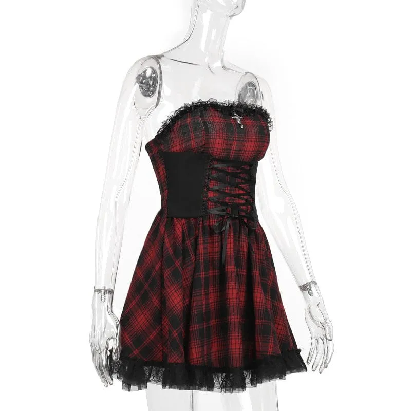 Women's Grunge Off-Shoulder Lace Splice Plaid Dress