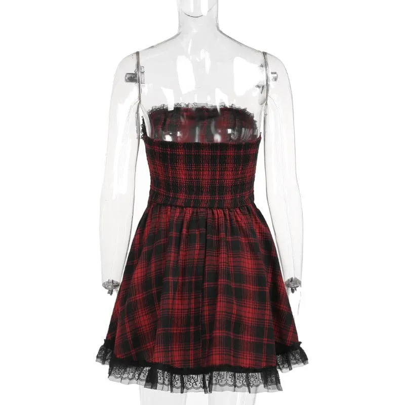 Women's Grunge Off-Shoulder Lace Splice Plaid Dress