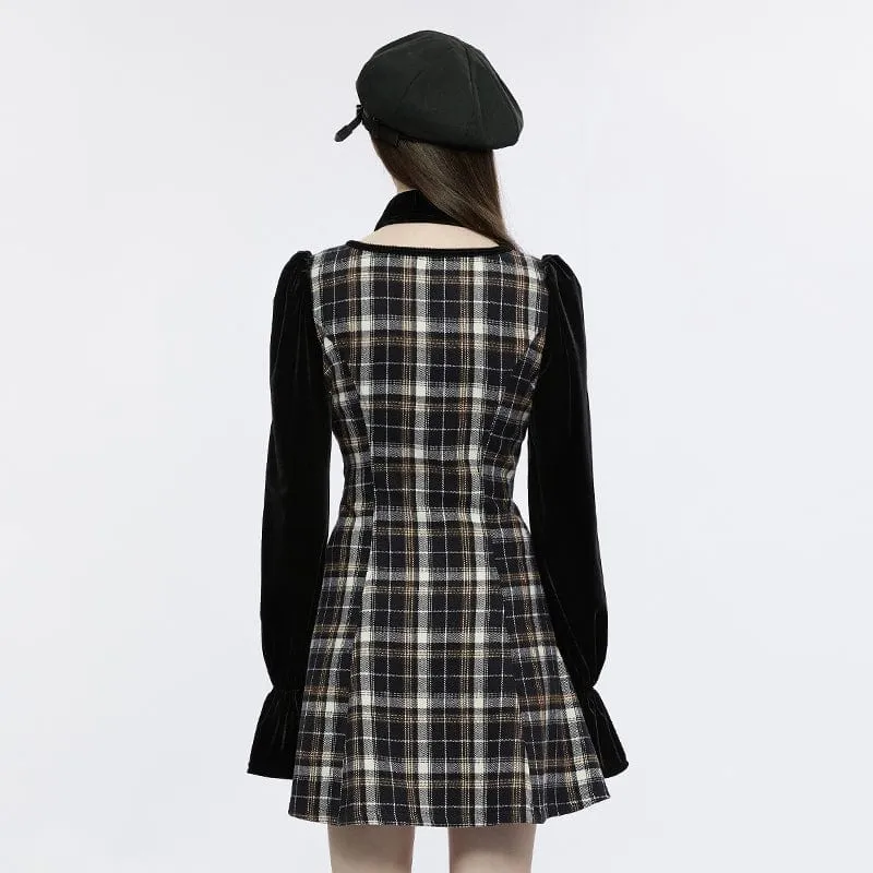 Women's Grunge Puff Sleeved Splice Plaid Dress