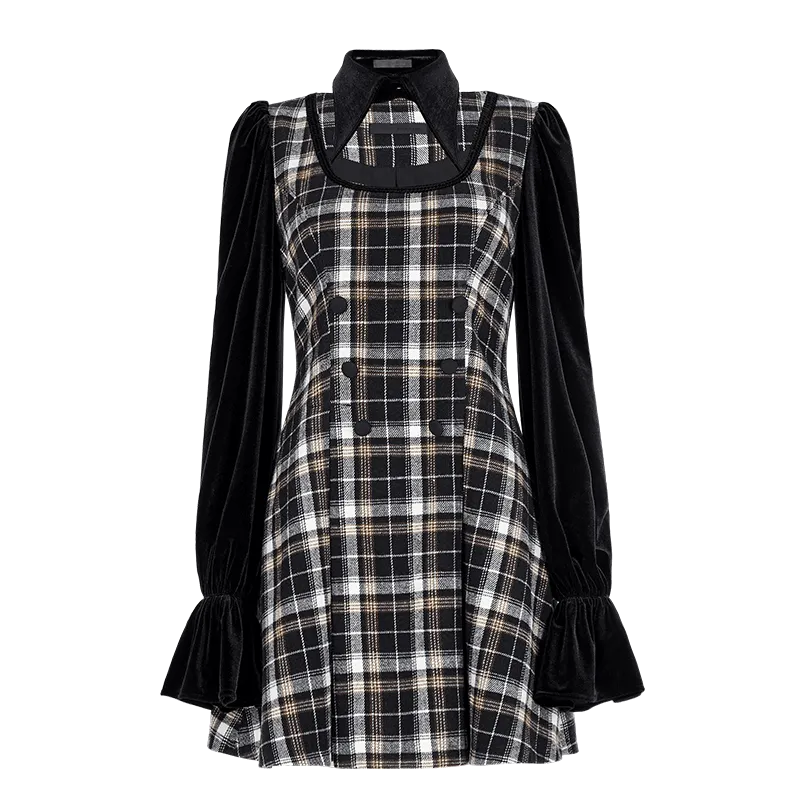 Women's Grunge Puff Sleeved Splice Plaid Dress