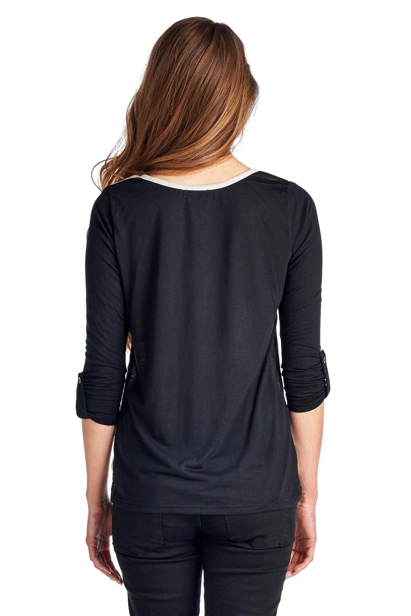 Women's Knit to Woven Colorblock Top with Pocket Heat Transfer