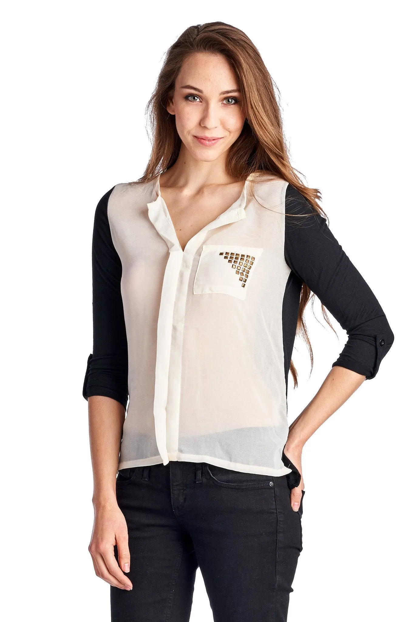 Women's Knit to Woven Colorblock Top with Pocket Heat Transfer