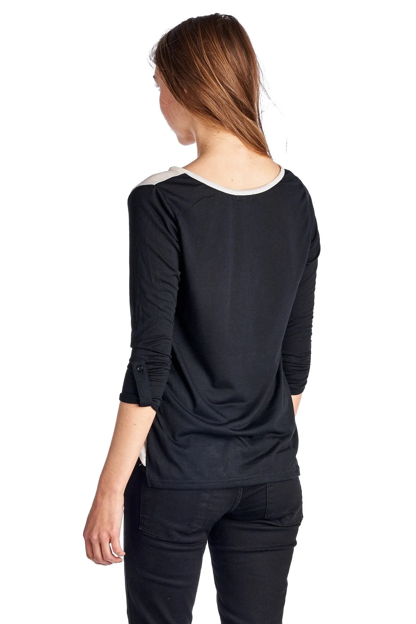 Women's Knit to Woven Colorblock Top with Pocket Heat Transfer