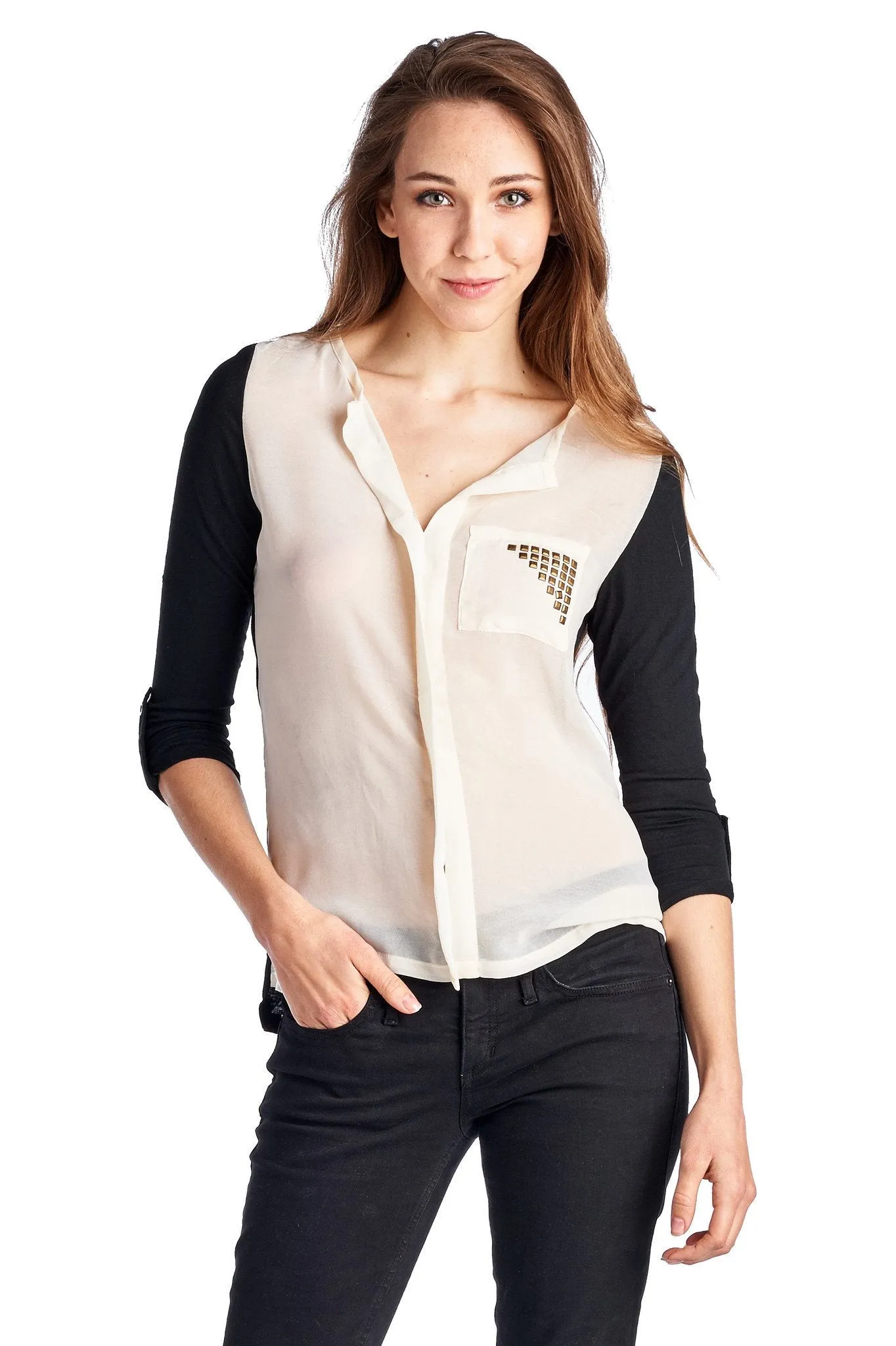 Women's Knit to Woven Colorblock Top with Pocket Heat Transfer