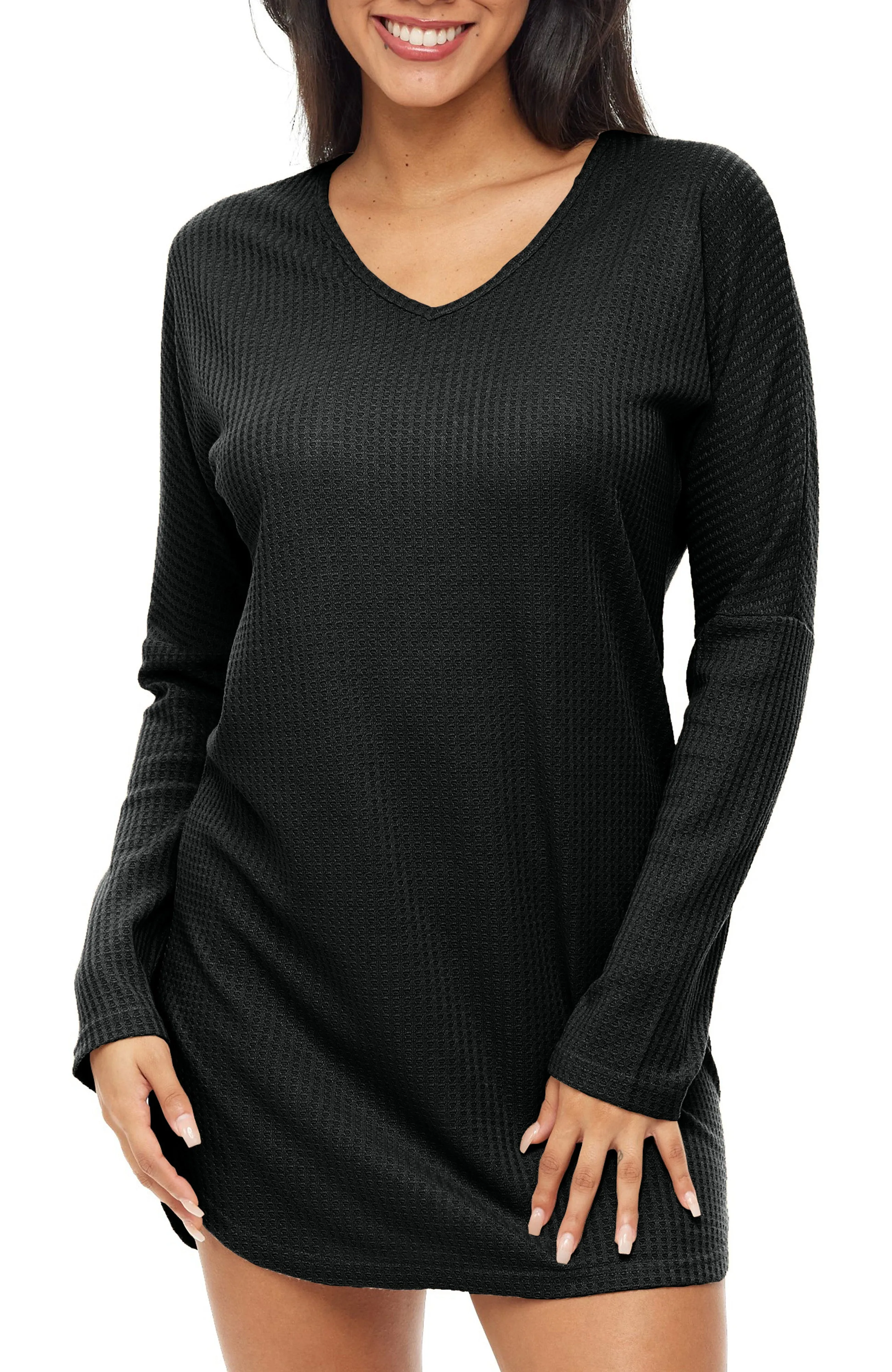 Women's Long Sleeve Knit Nightshirt, V-Neck Sleepshirt, Pajama Top