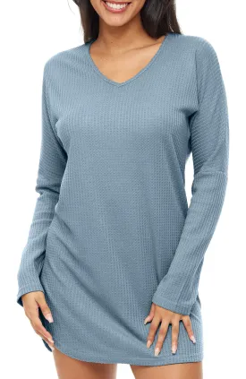 Women's Long Sleeve Knit Nightshirt, V-Neck Sleepshirt, Pajama Top