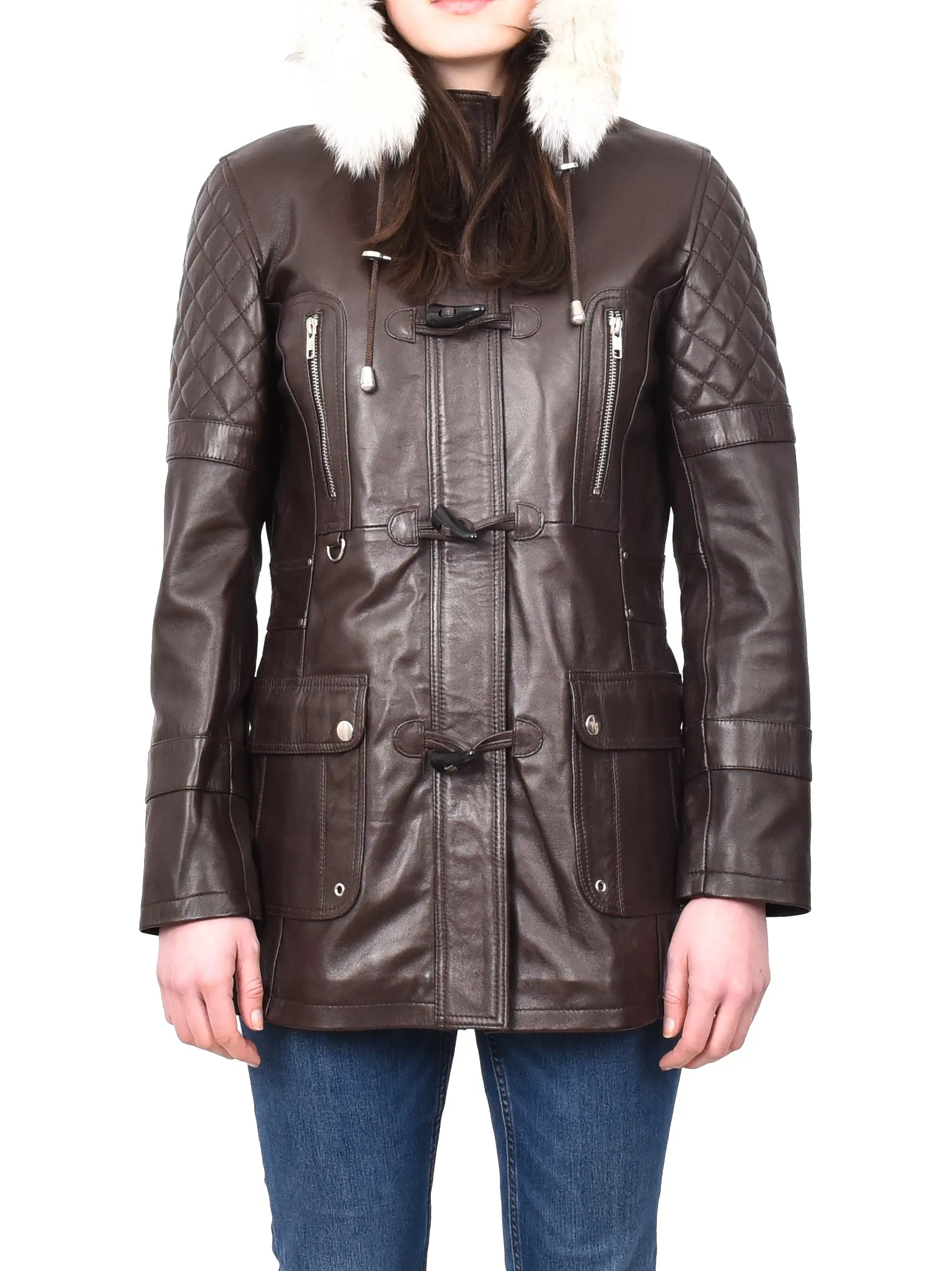 Women's Original Detachable Hoodie Duffel Leather Coat Brown Velvetine