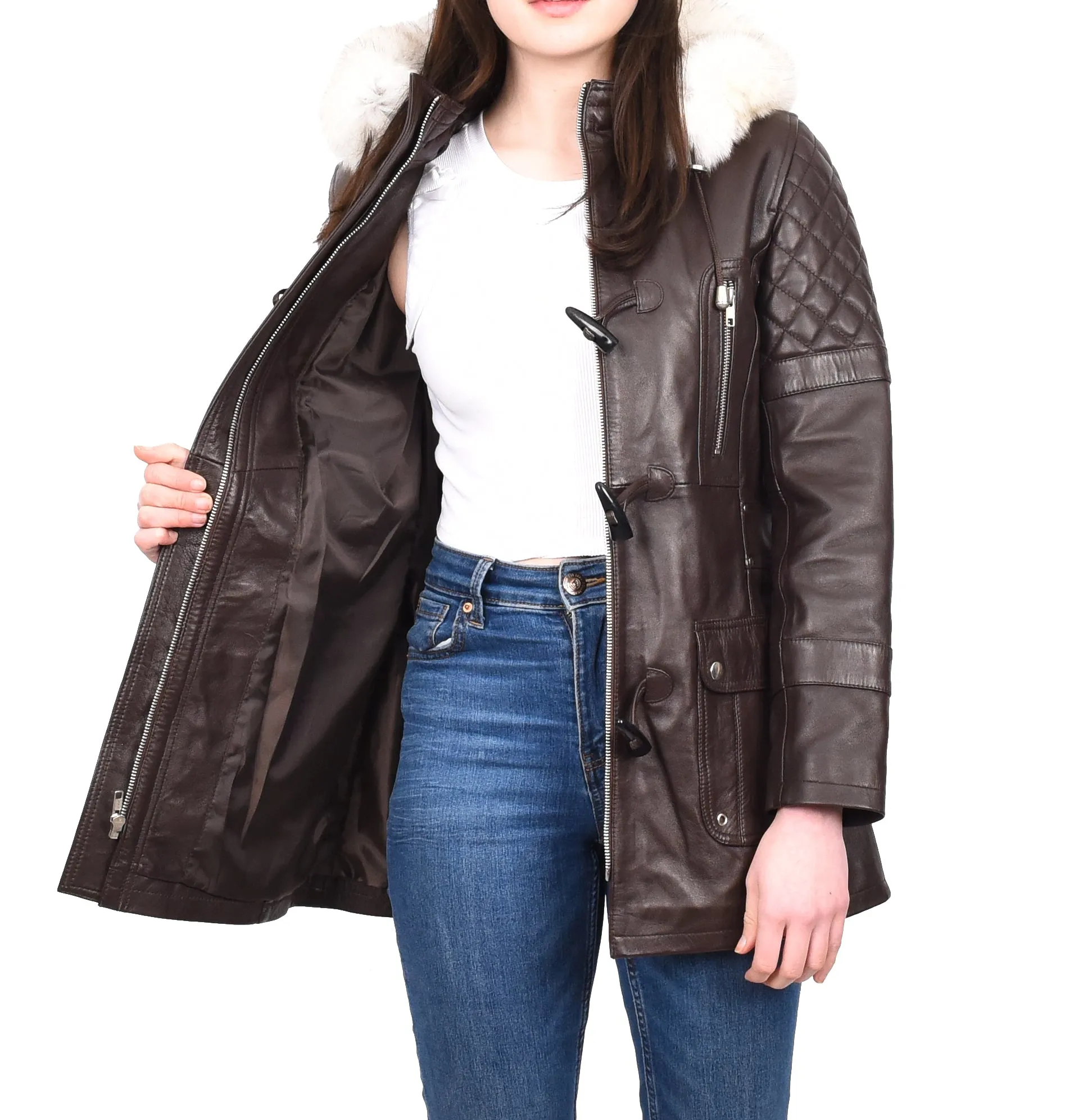 Women's Original Detachable Hoodie Duffel Leather Coat Brown Velvetine