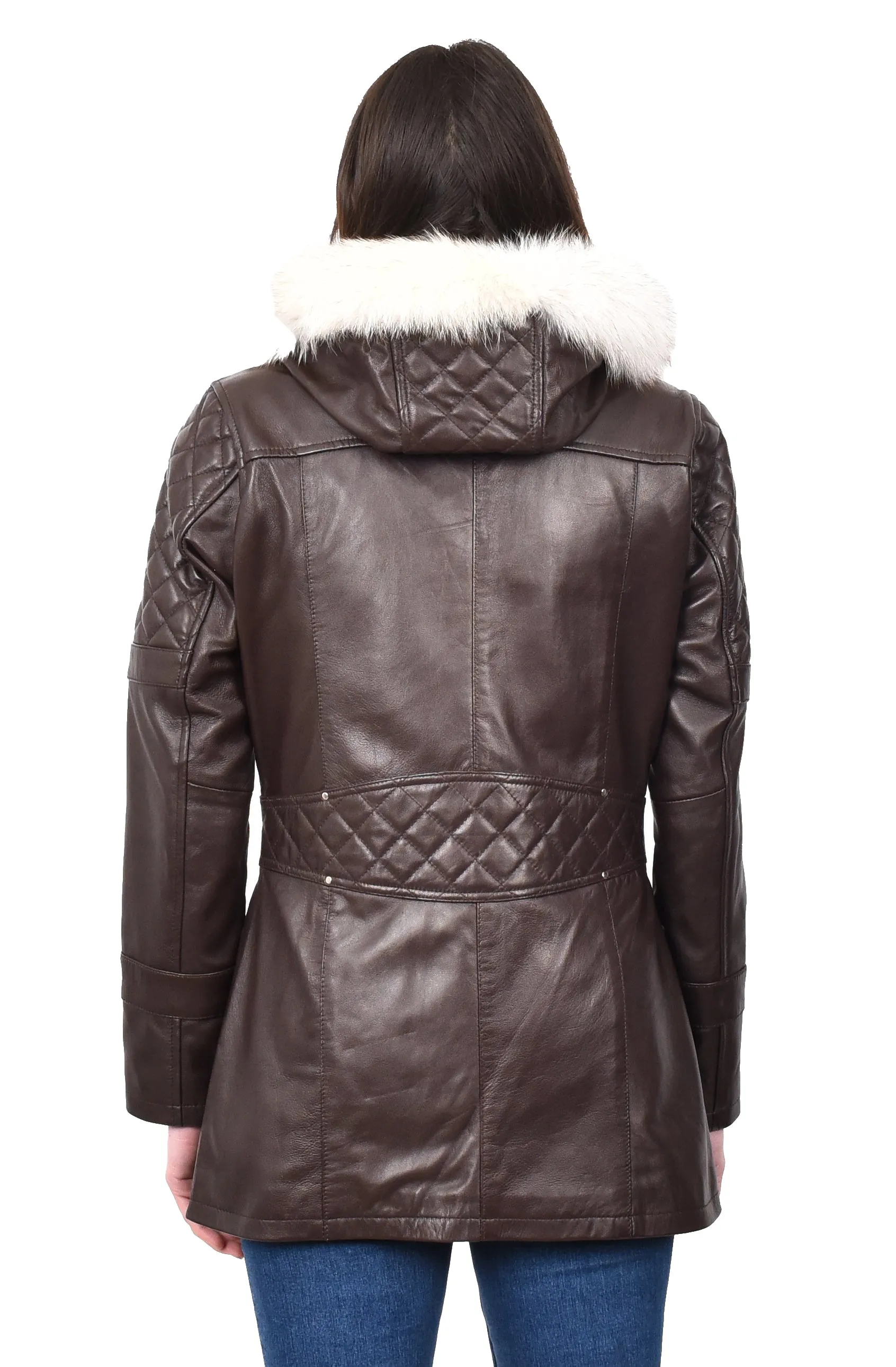 Women's Original Detachable Hoodie Duffel Leather Coat Brown Velvetine