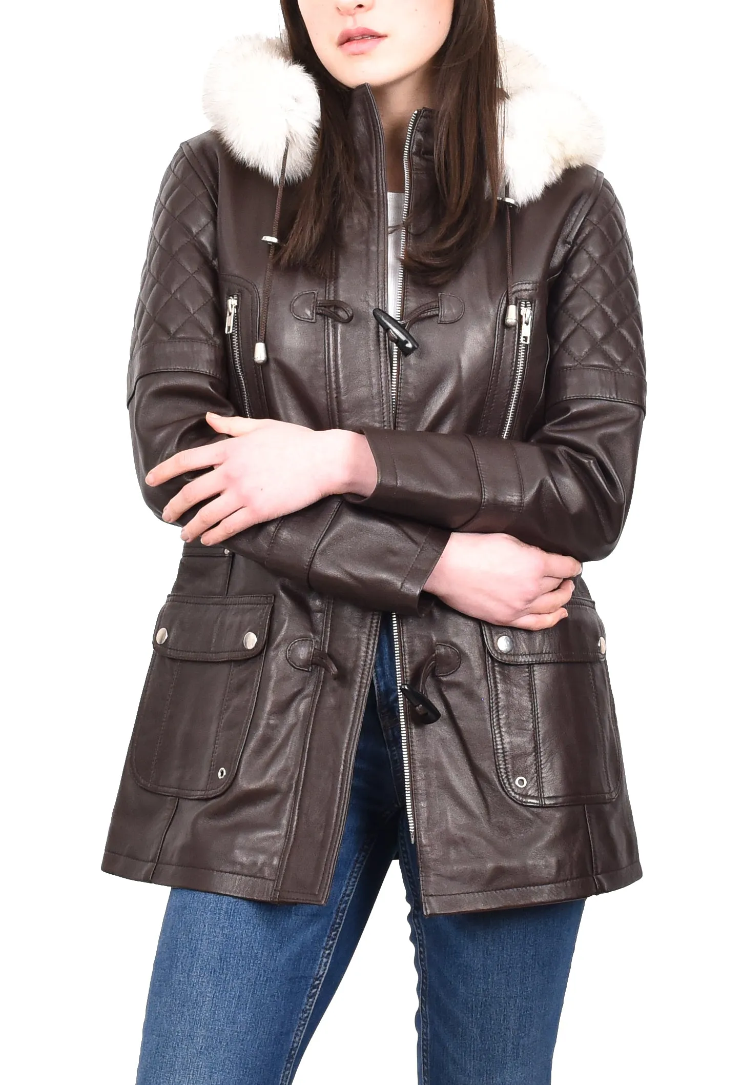 Women's Original Detachable Hoodie Duffel Leather Coat Brown Velvetine