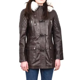 Women's Original Detachable Hoodie Duffel Leather Coat Brown Velvetine