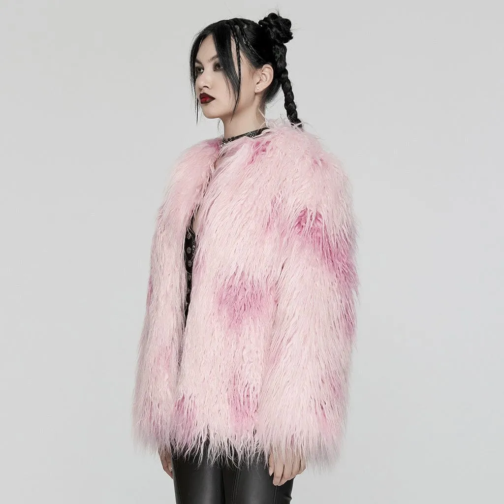 Women's Punk Contrast Color Faux Fur Coat Pink