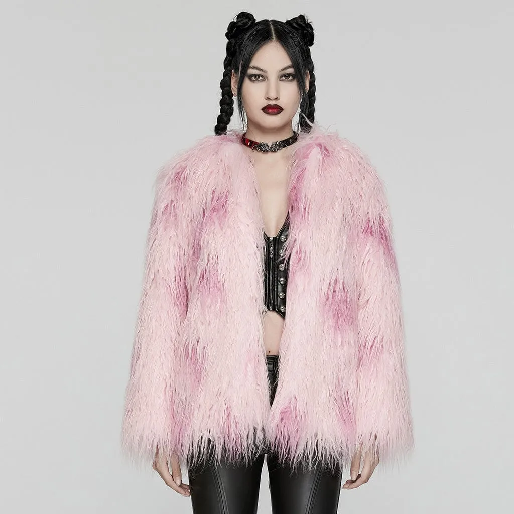 Women's Punk Contrast Color Faux Fur Coat Pink