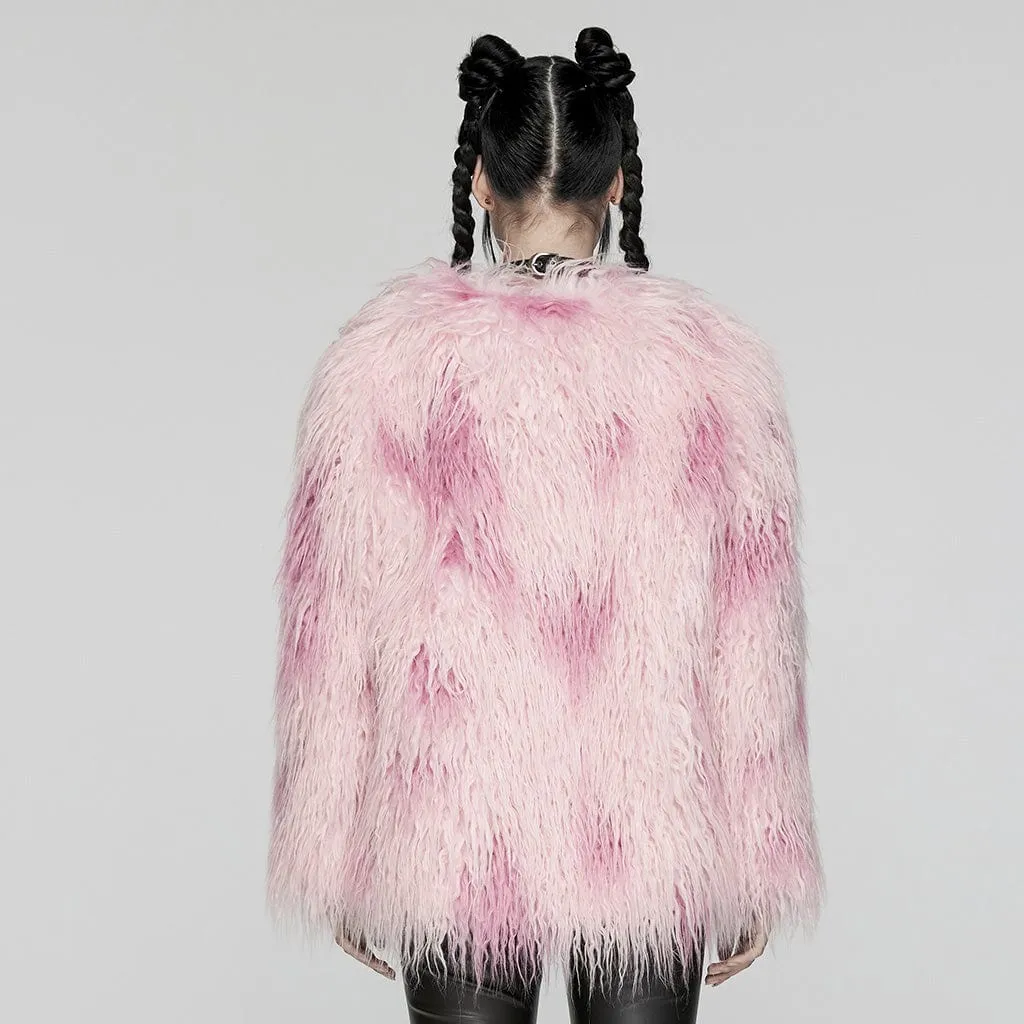 Women's Punk Contrast Color Faux Fur Coat Pink